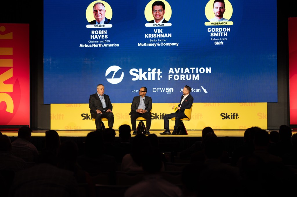 Robin Hayes, Chairman and CEO of Airbus North America, and Vik Krishnan, Senior Partner at McKinsey & Company, in conversation with Gordon Smith, Airlines Editor at Skift for Skift Aviation Forum
